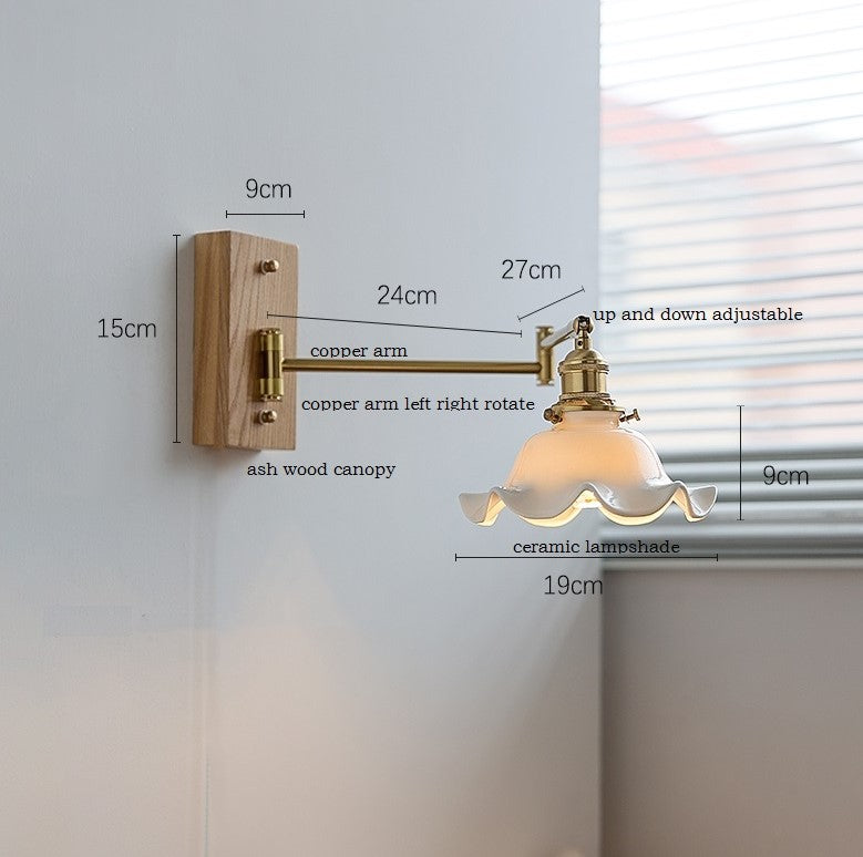 Rustic Elegance: Ash Wood Canopy Swing Arm Wall Lamp/flower wall lamp