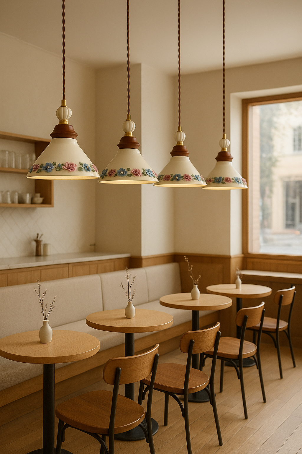 Rustic Japandi pendant lights hanged in cafe