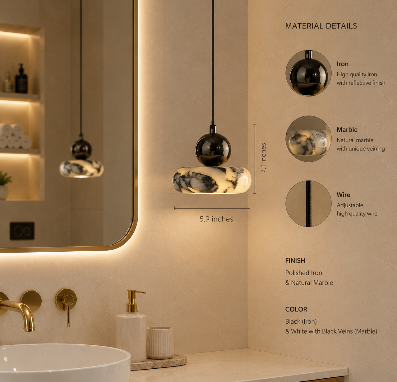 Small Calacatta Marble Pendant Light | Modern Natural Stone Lamp