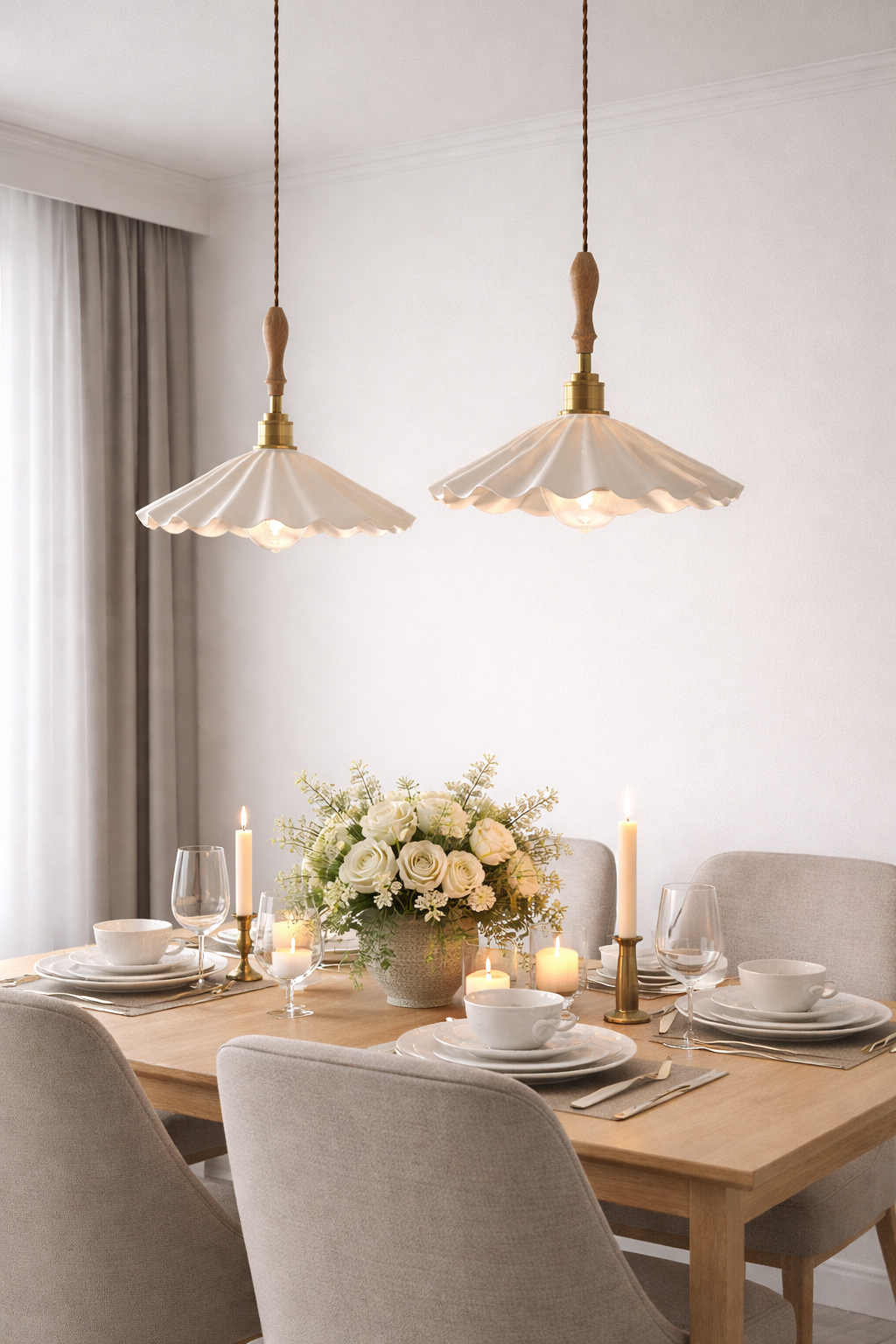 Handmade scalloped edge pendant lamp in white ceramic for dining room