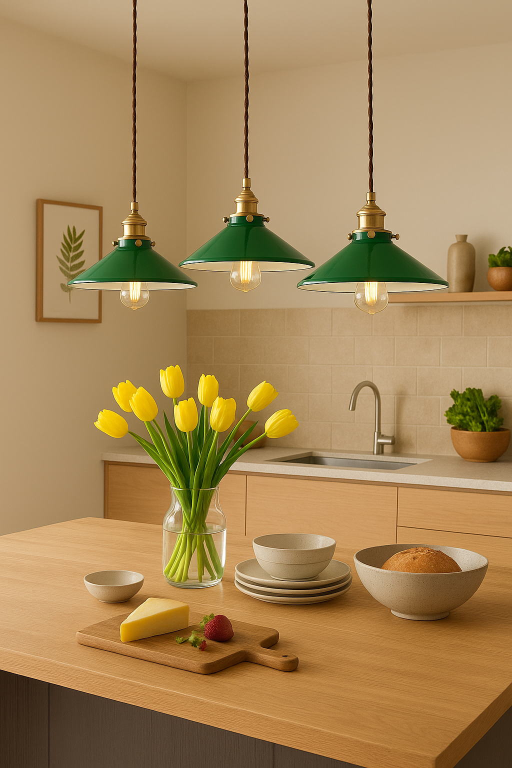 vintage Green glass pendant lights hanging over Kitchen island