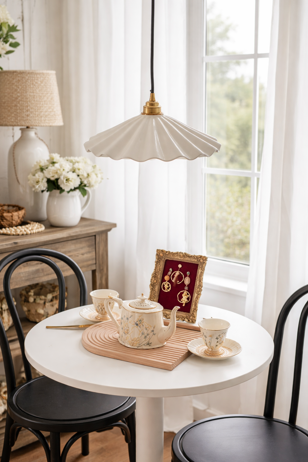 Handmade ruffled pendant light hanging over luxury dining room modern interior
