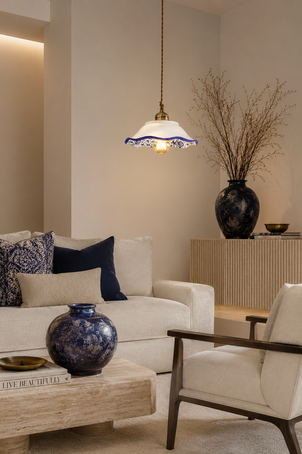 Retro Blue Floral Hanging Light, Mediterranean Blue Clay Lamp