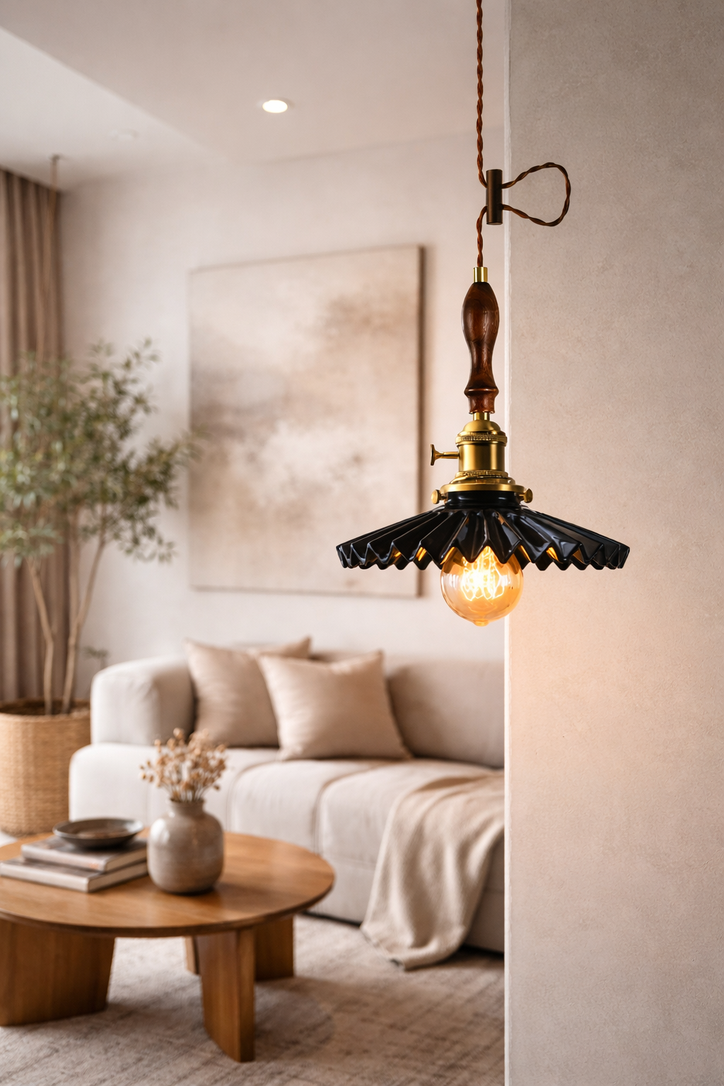 Black-White Fluted Ceramic Pendant Light