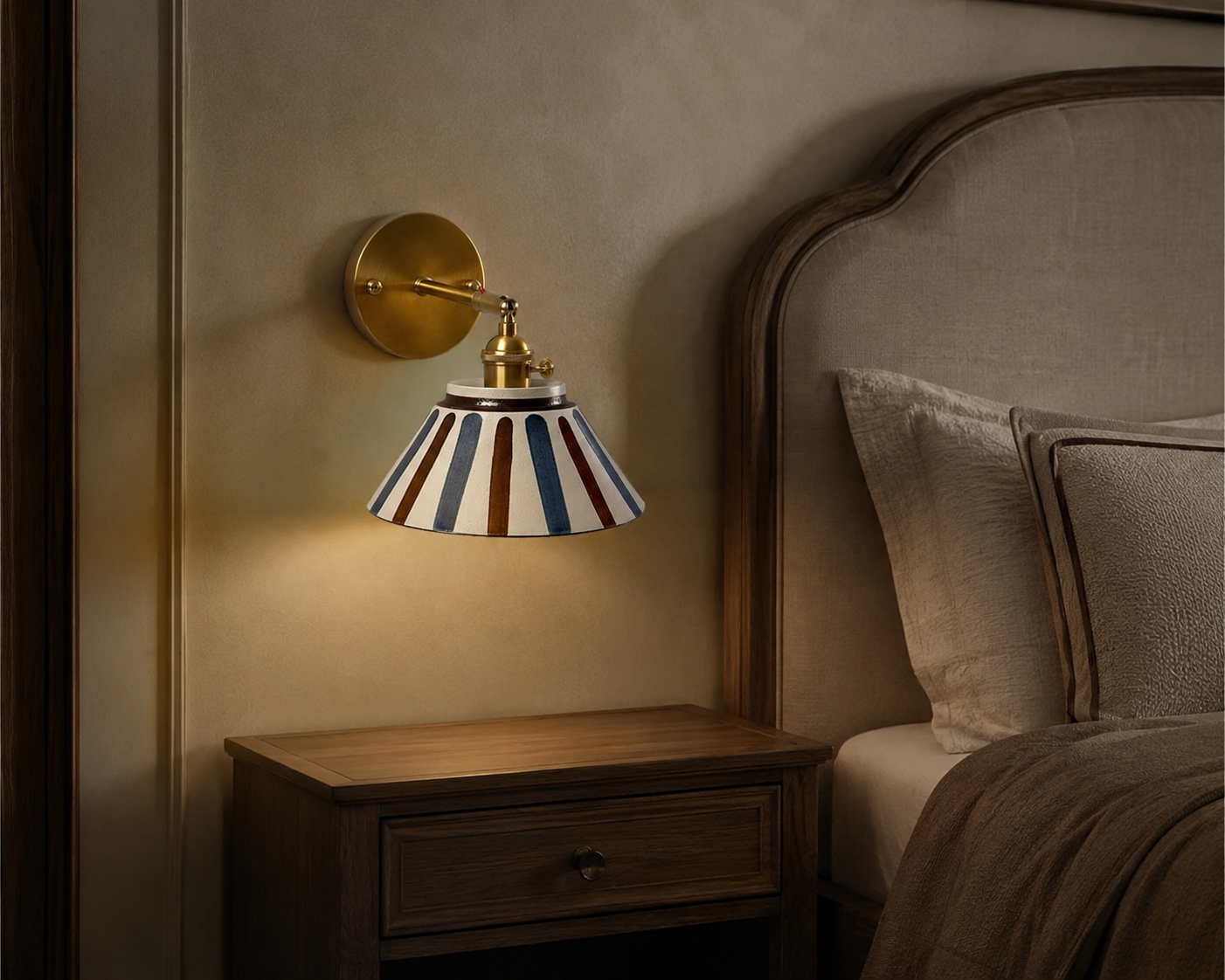 Glazed Stripped Ceramic Bedside lamp| Retro/vintage Brass wall sconce