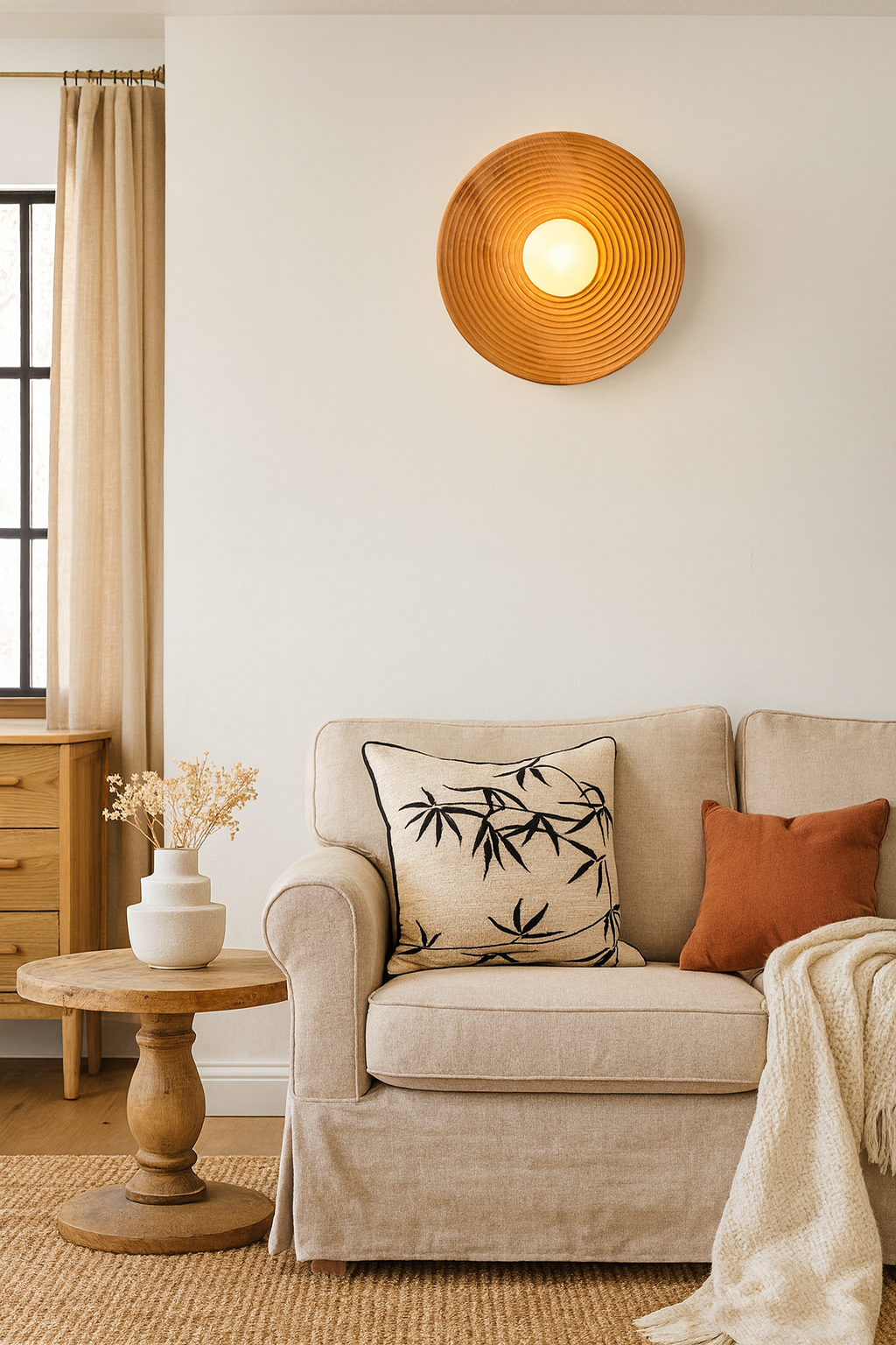 Detailed image of the smooth, light oak wood finish on a round flush wall sconce,