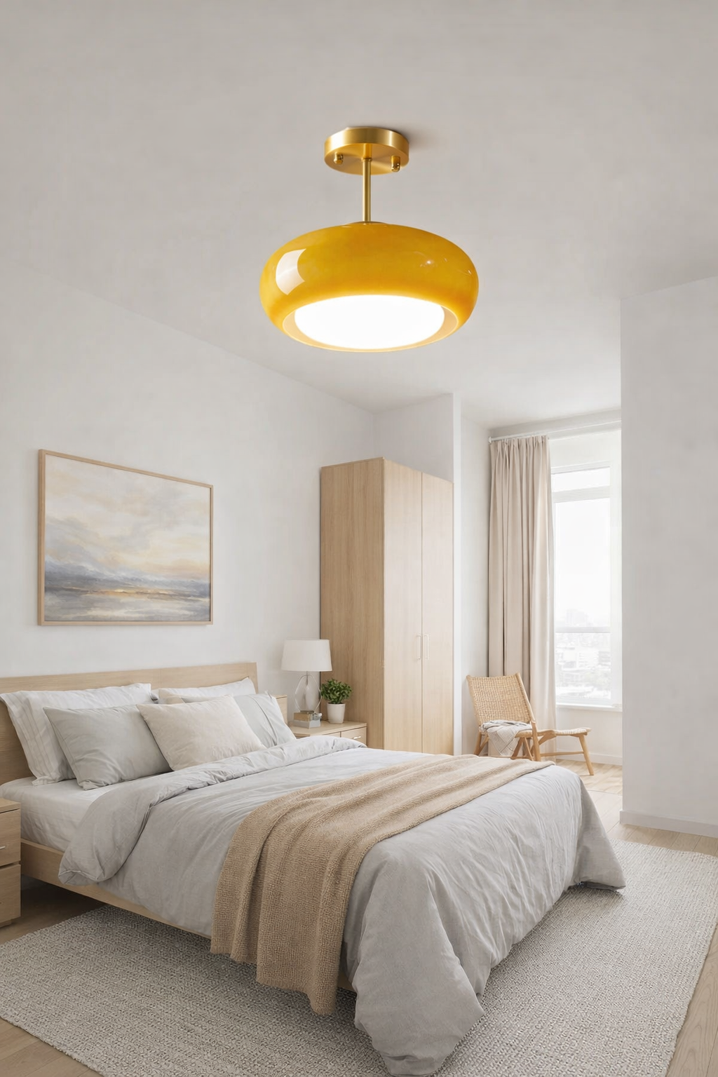 Modern luxury mustard yellow flush mount light with brass accents, hanging in Bedroom