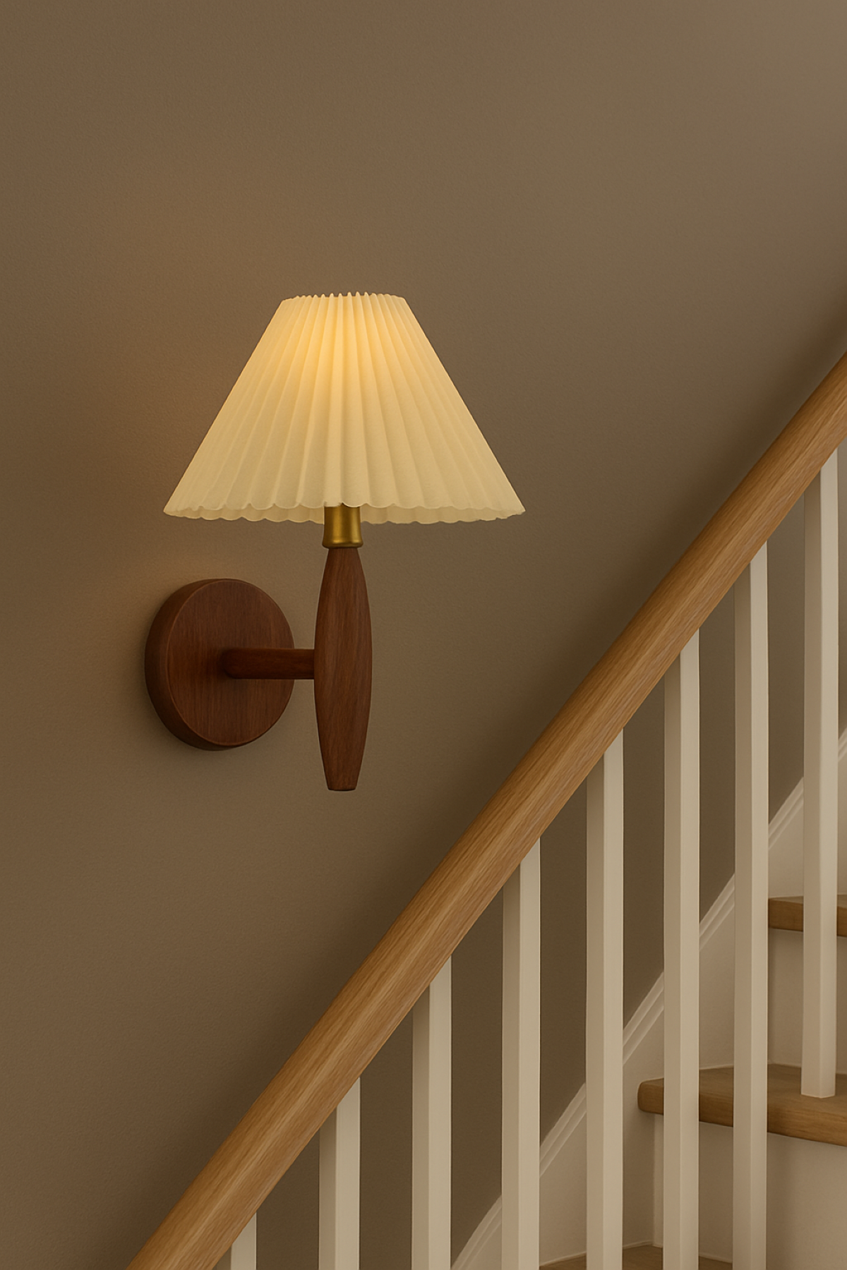 Oak and Walnut wood wall lamp with pleated lampshade