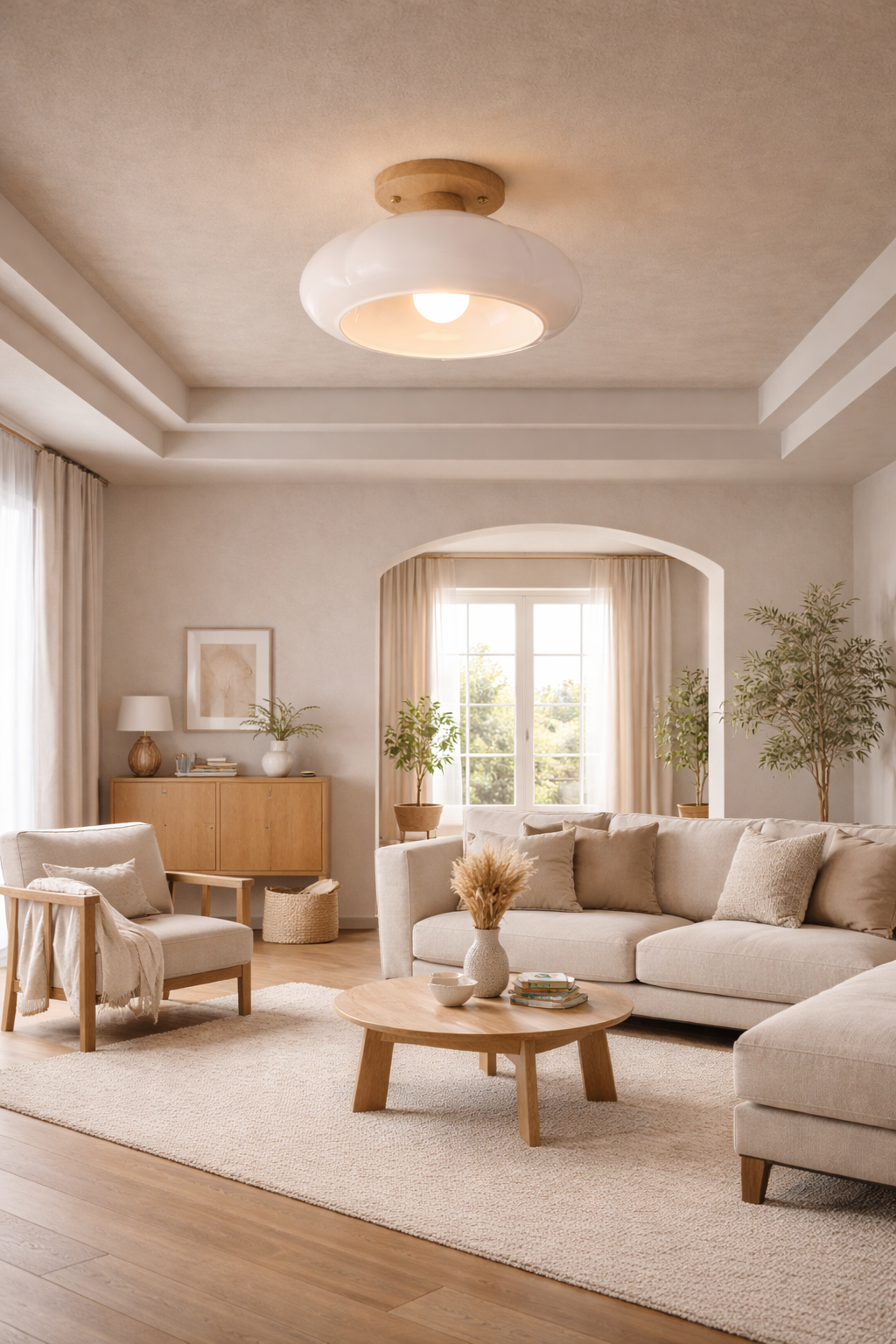 Large organic white statement ceiling light acting as a sculptural centerpiece in a contemporary living room