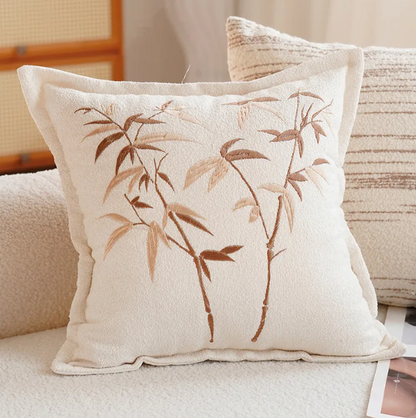 45x45 Off-White & Mustard Brown Cushion Cover – Stripes & Leaf Print