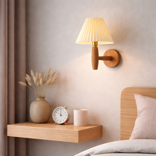 Oak and Walnut wood wall lamp with pleated lampshade