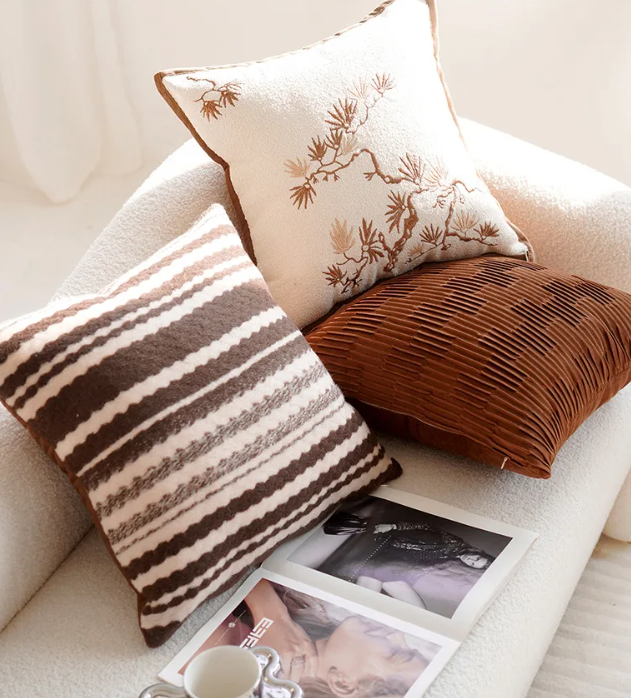 45x45 Off-White & Mustard Brown Cushion Cover – Stripes & Leaf Print