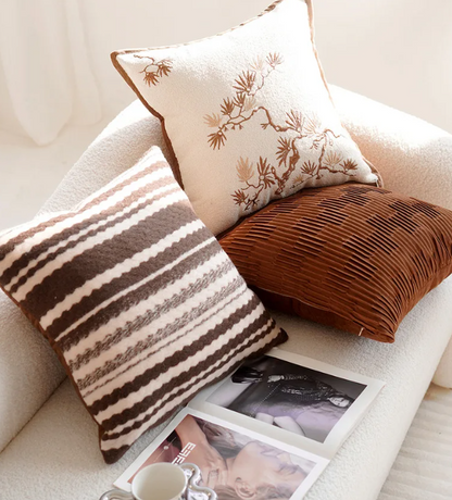 45x45 Off-White & Mustard Brown Cushion Cover – Stripes & Leaf Print