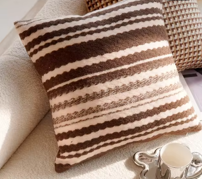 45x45 Off-White & Mustard Brown Cushion Cover – Stripes & Leaf Print