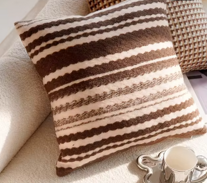 45x45 Off-White & Mustard Brown Cushion Cover – Stripes & Leaf Print