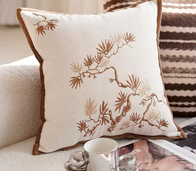 45x45 Off-White & Mustard Brown Cushion Cover – Stripes & Leaf Print