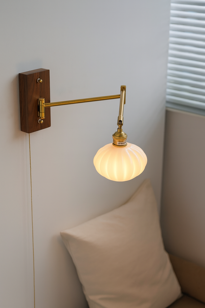 Stripped ceramic with brass articulating arms and wood backplate backplate- Scandinavian vintage wall sconce