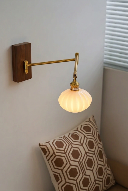 Stripped ceramic with brass articulating arms and wood backplate backplate- Scandinavian vintage wall sconce
