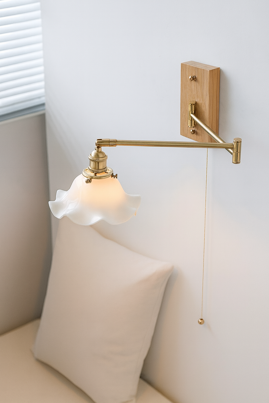Ceramic articulated arm wall lamp with ashwood canopy