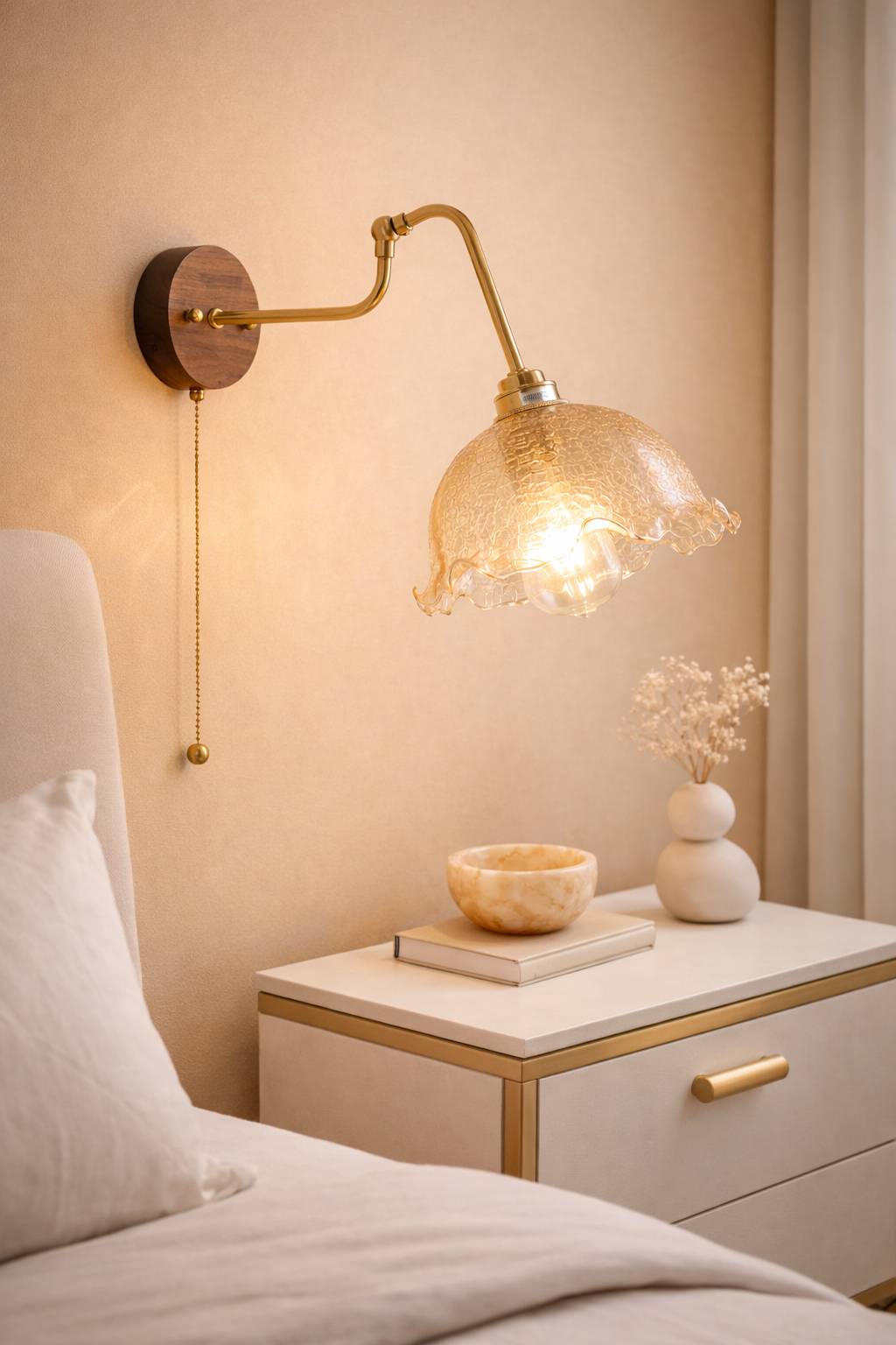 Textured Glass wall sconce, Vintage Brass wall lamp with wood canopy