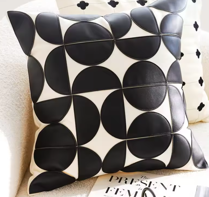 Minimalist Beige Black White Suede Leather throw Pillow Cover