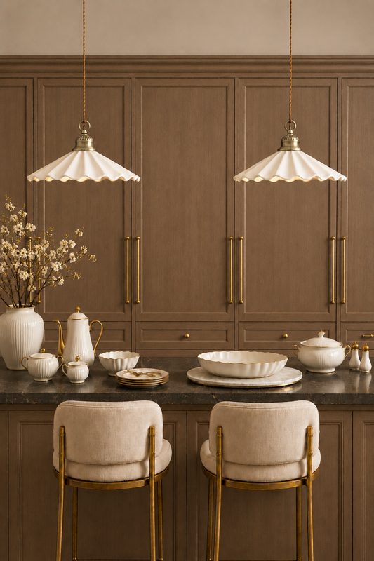 Industrial vintage ceramic pendant lights on a beautiful marble island with wooden cabinets