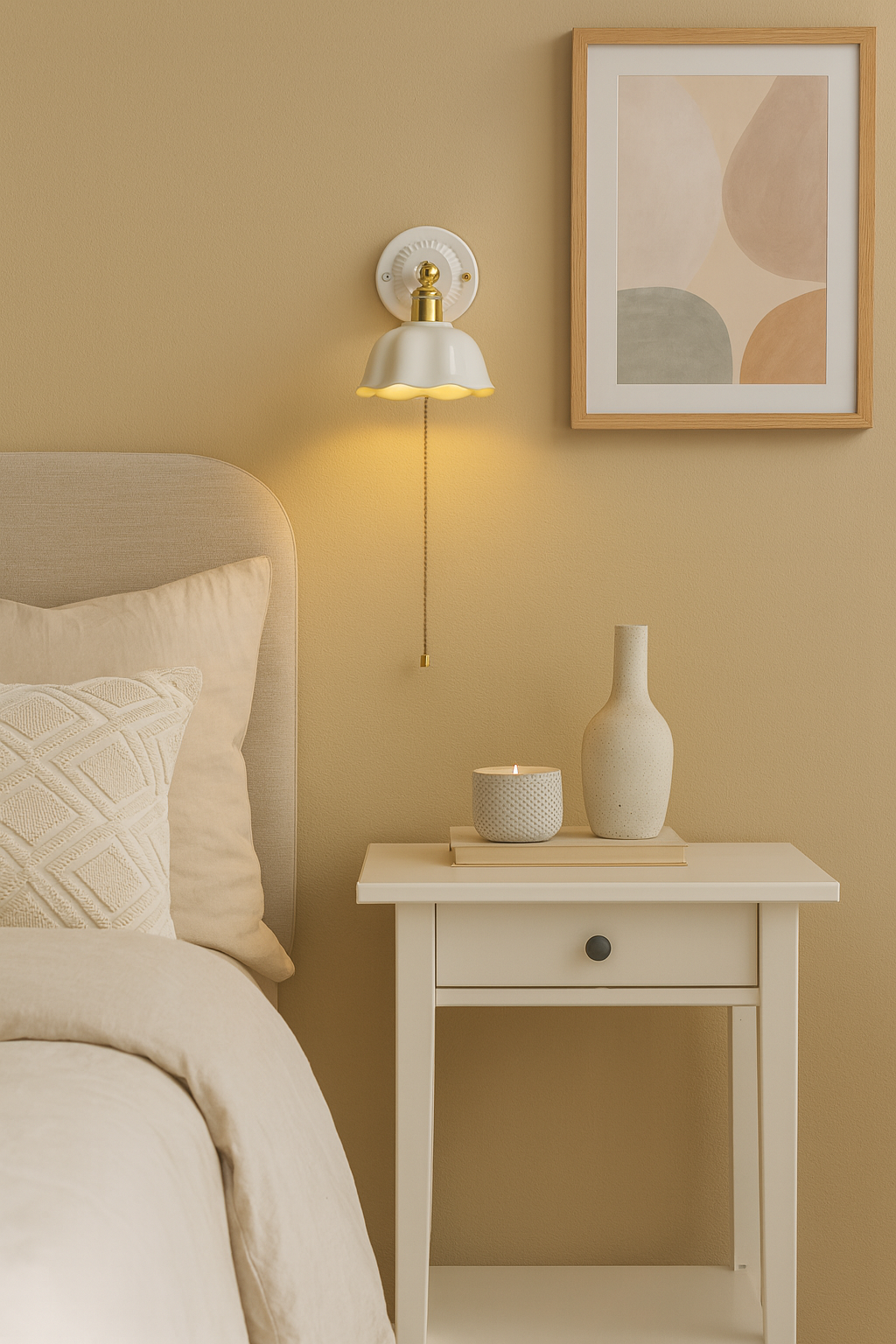 White ceramic flower wall sconce bedside lamp with pull chain