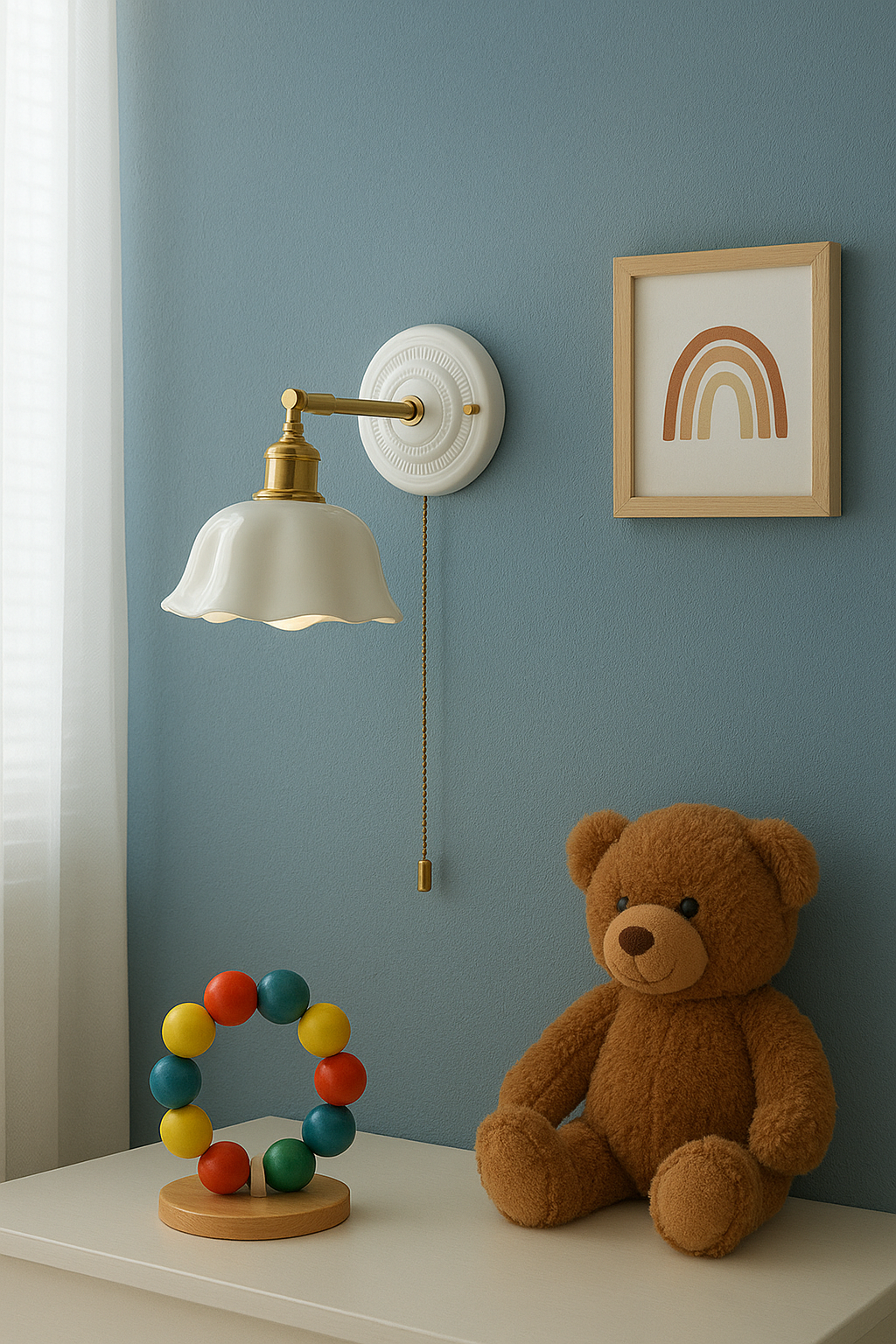 White ceramic flower petal sconce contrasting a light blue bedroom wall for Kid's room