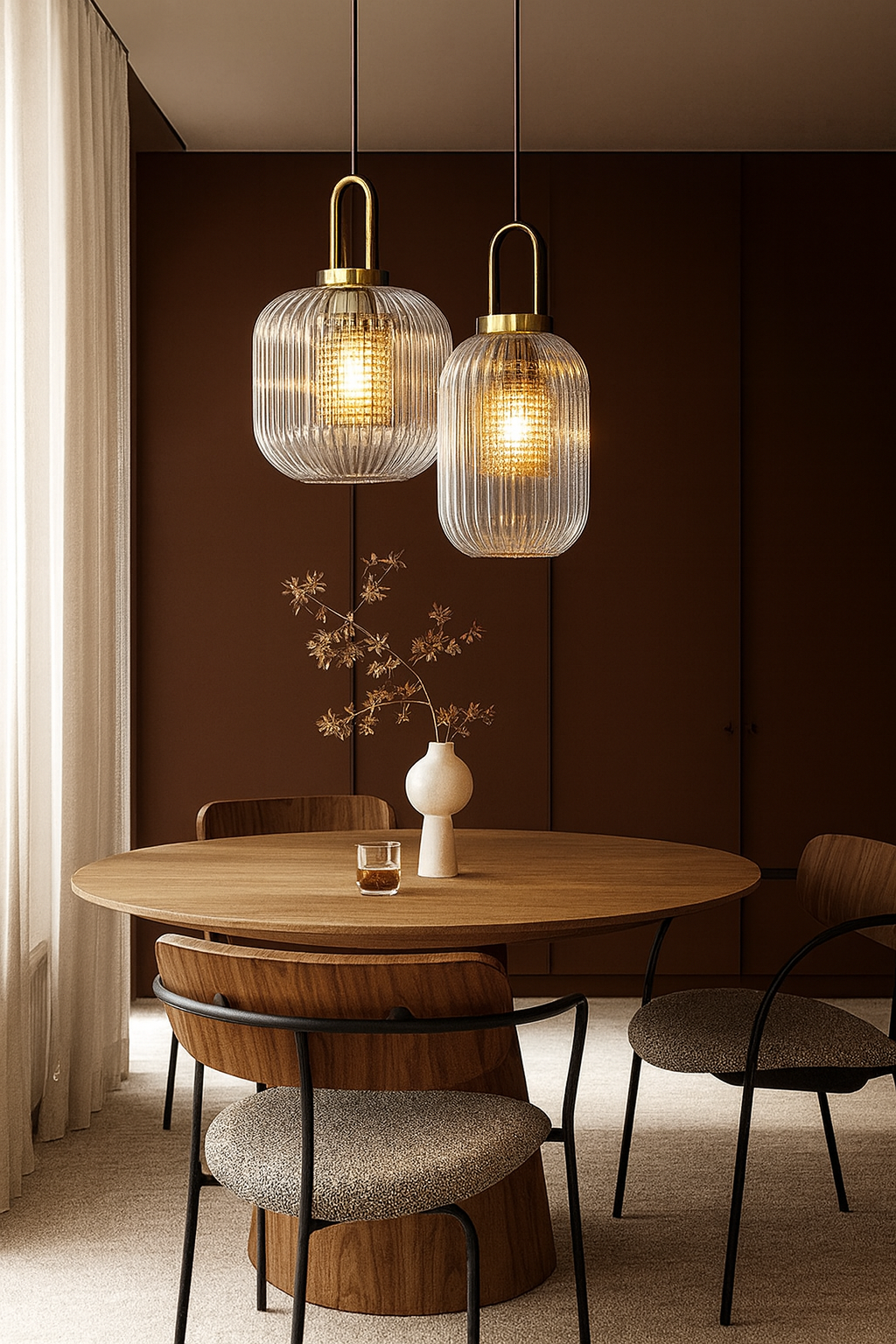 Textured rippled glass globe pendant over a wooden dining room table – A decorative spherical hanging light with water-like glass patterns, adding a mid-century modern touch to a central dining area.