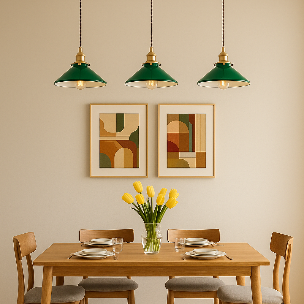 vintage Green Glass pendant lights by Mashal designs hanging over a Dining table