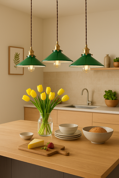 vintage Green glass pendant lights hanging over Kitchen island