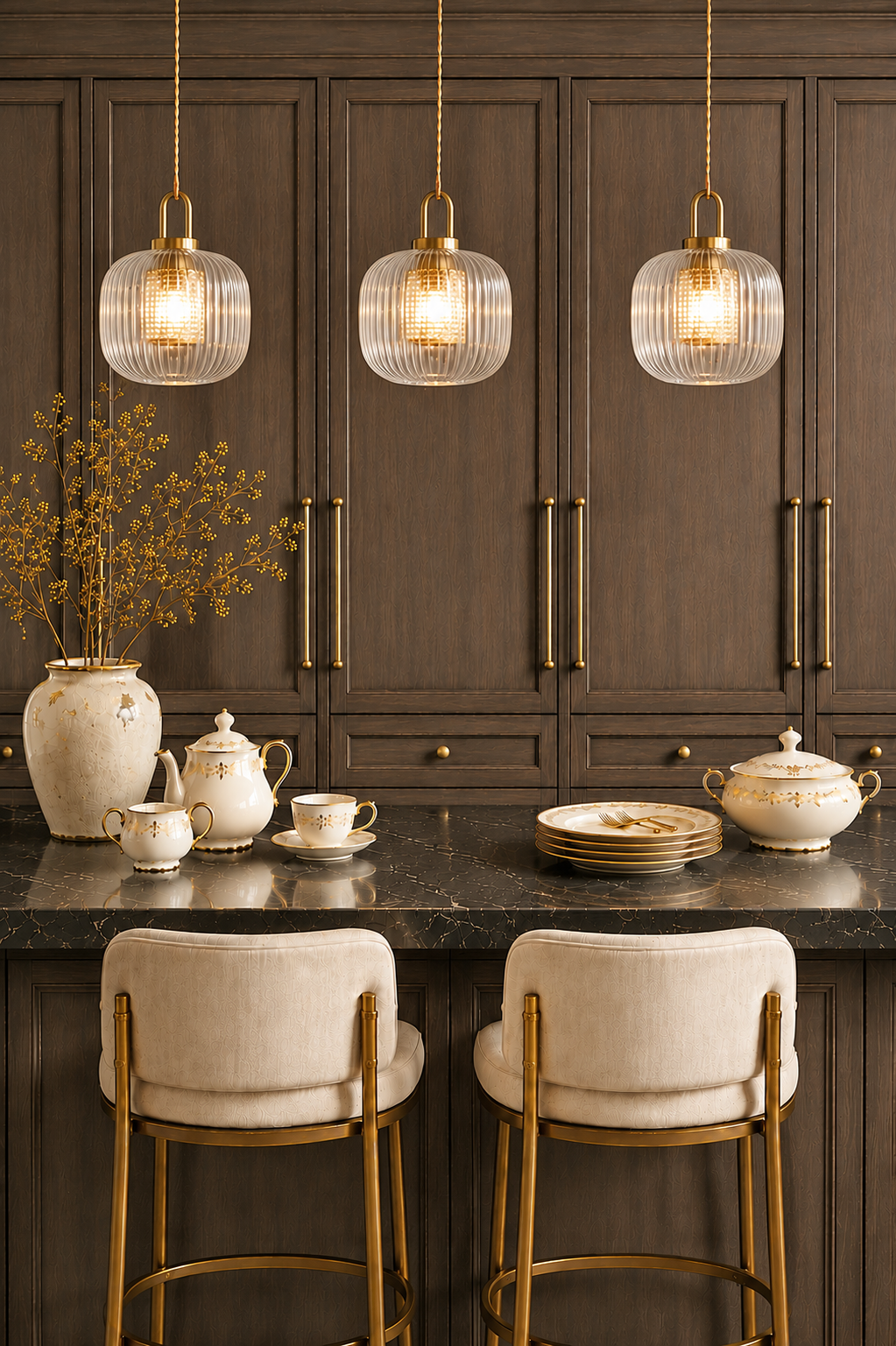 Mashal designs set of 3 Luxury Glass ceiling lights Hanging over a farmhouse Kitchen Island