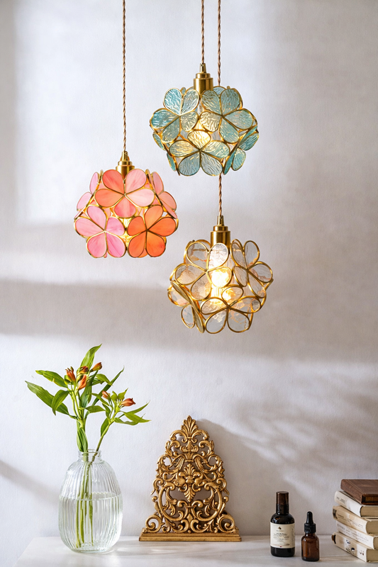 Artisan hand-blown glass floral pendant lights, a unique design feature for a luxury interior
