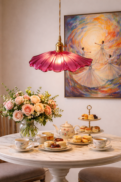Art Deco Fuchsia Pink glass pendant light, Lotus flower hanging Lamp