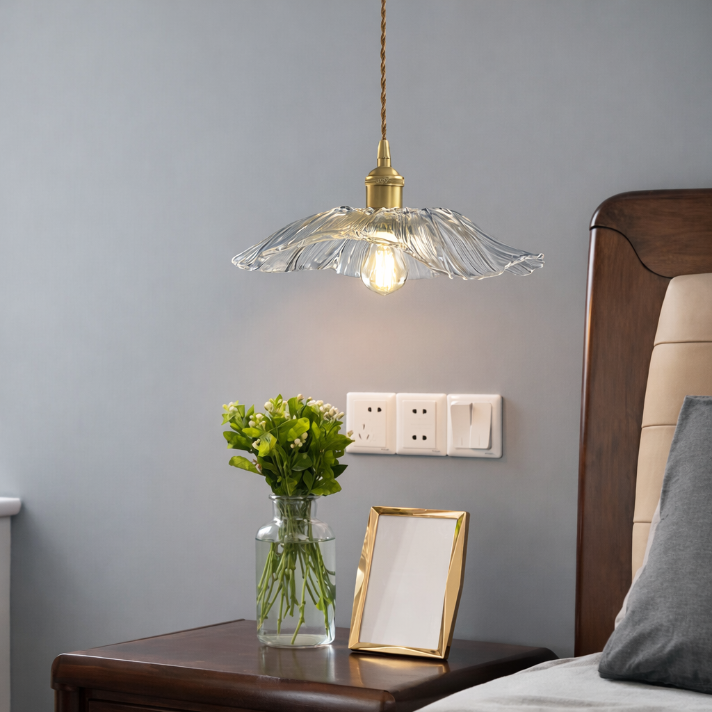 Art Deco Fuchsia Pink glass pendant light, Lotus flower hanging Lamp