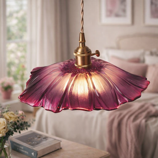 Art Deco Fuchsia Pink glass pendant light, Lotus flower hanging Lamp