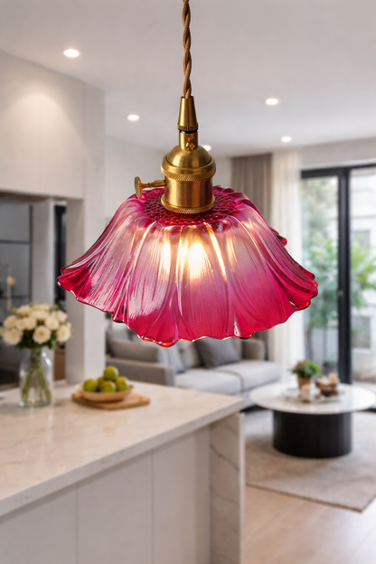 Art Deco Fuchsia Pink glass pendant light, Lotus flower hanging Lamp