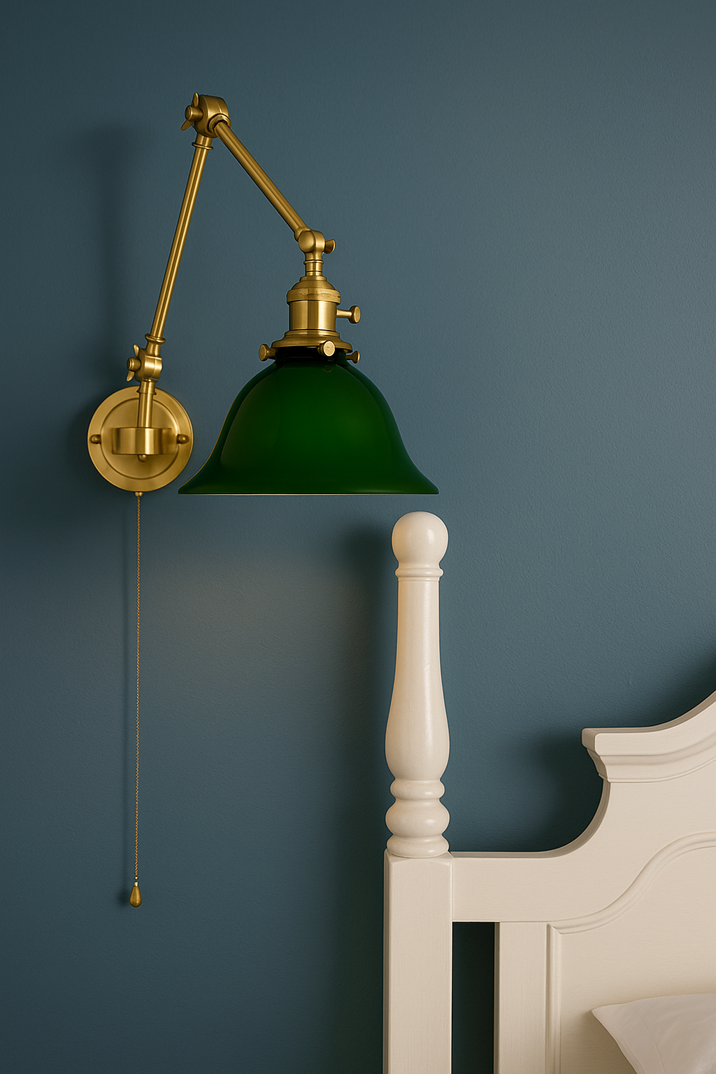 Vintage Adjustable brass swing arm wall lamp with green glass shad