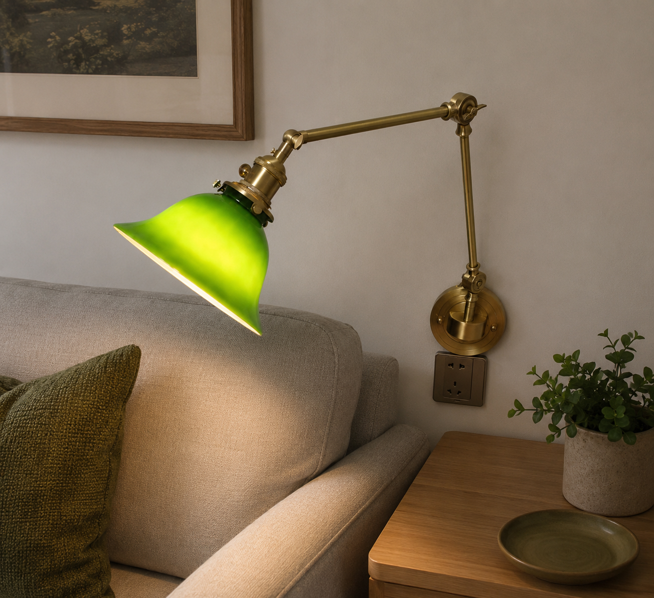 Swing arm brass wall lamp with Green Glass Lampshade in living room for reading light