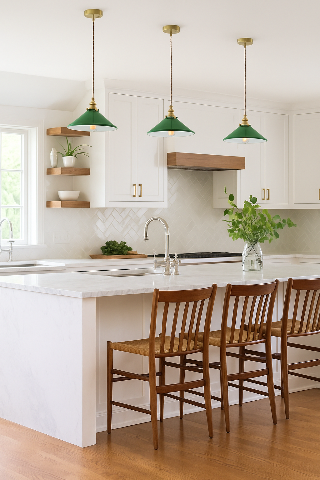 Emerald green glass hanging lamp installed over a kitchen island.