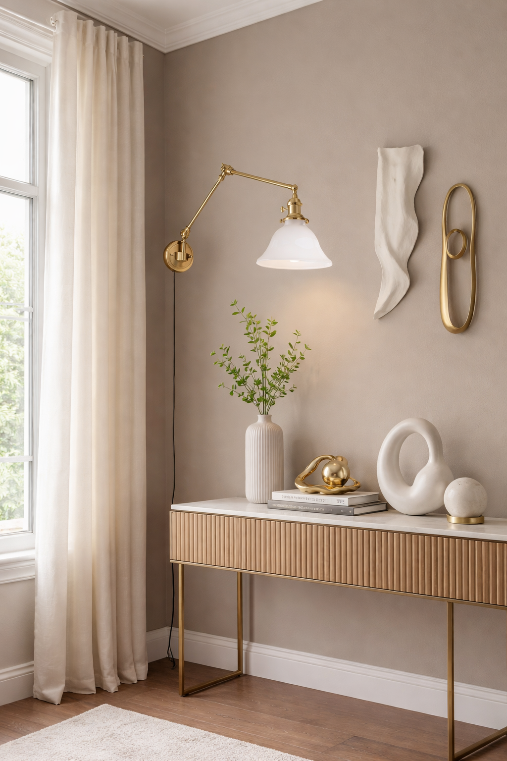 Plug-In Brass Swing Arm Wall Lamp - White Opal Milk Glass Shade and Cord - Perfect Bedside Reading Light