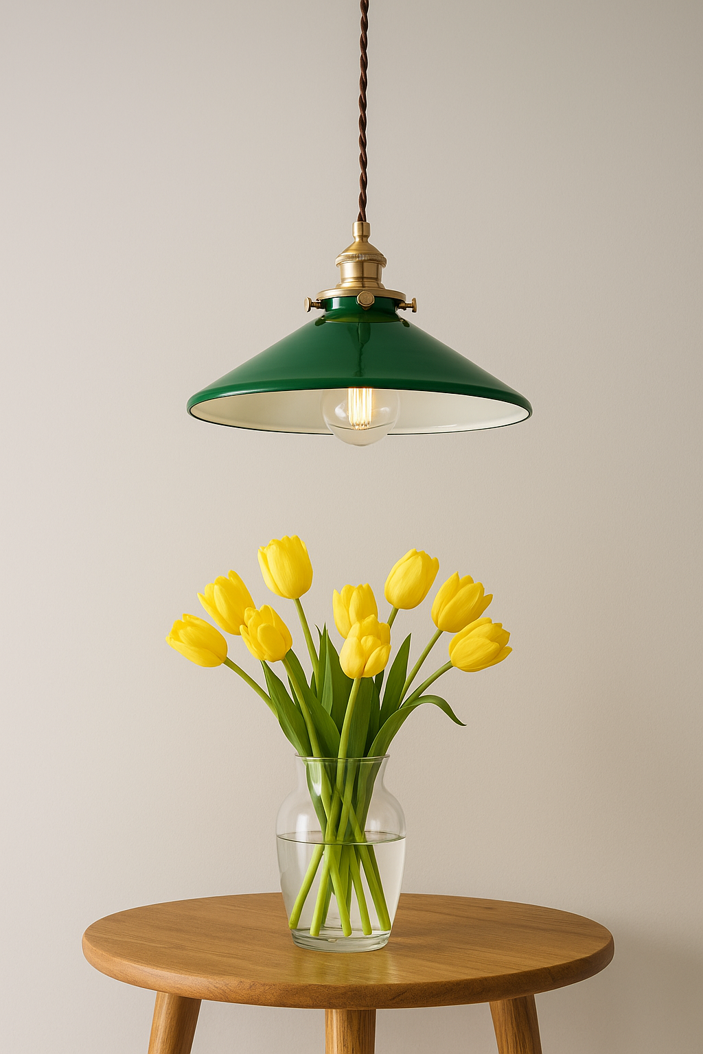 Single mid-century modern green glass pendant light with an adjustable  cord 