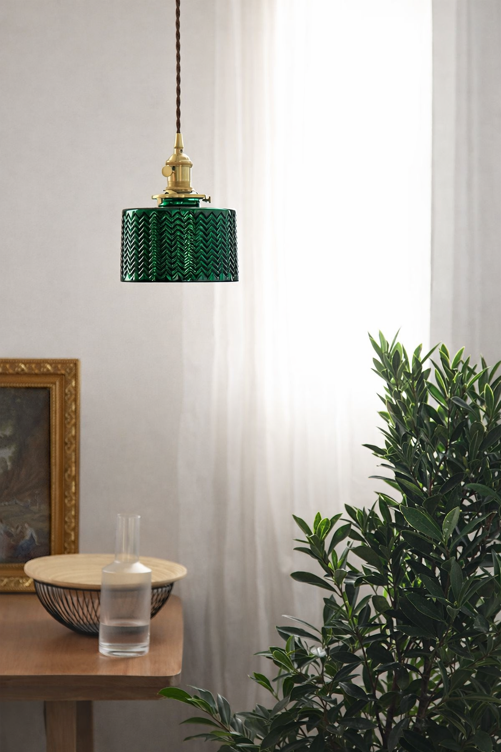 Vintage green glass hanging lamp