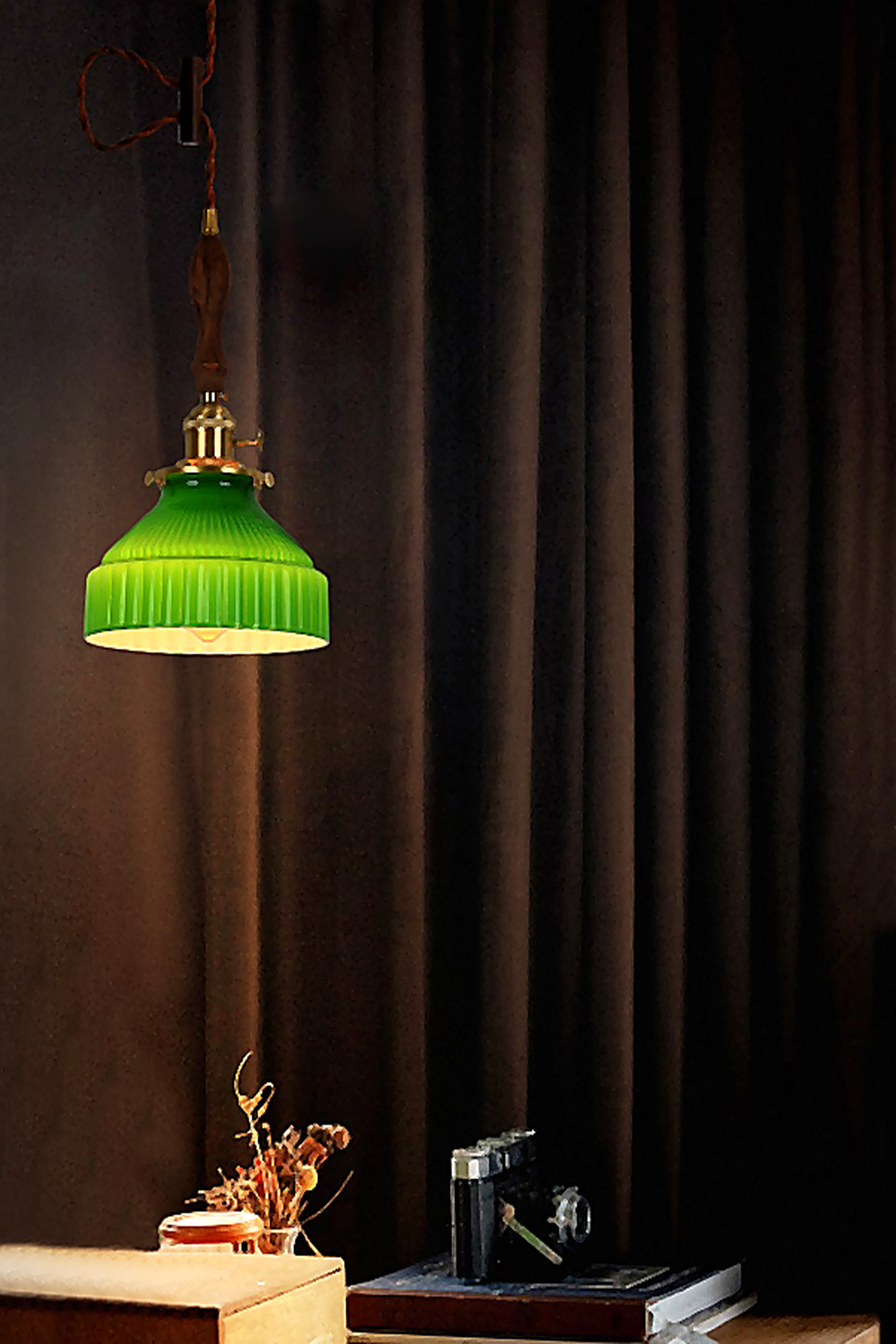 Modern green glass hanging light for reading room