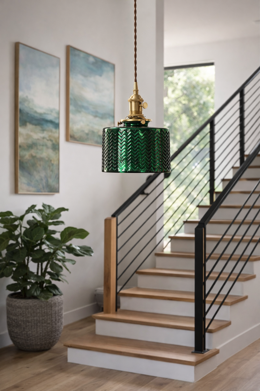 Textured forest green pendant light hanging over Staircase