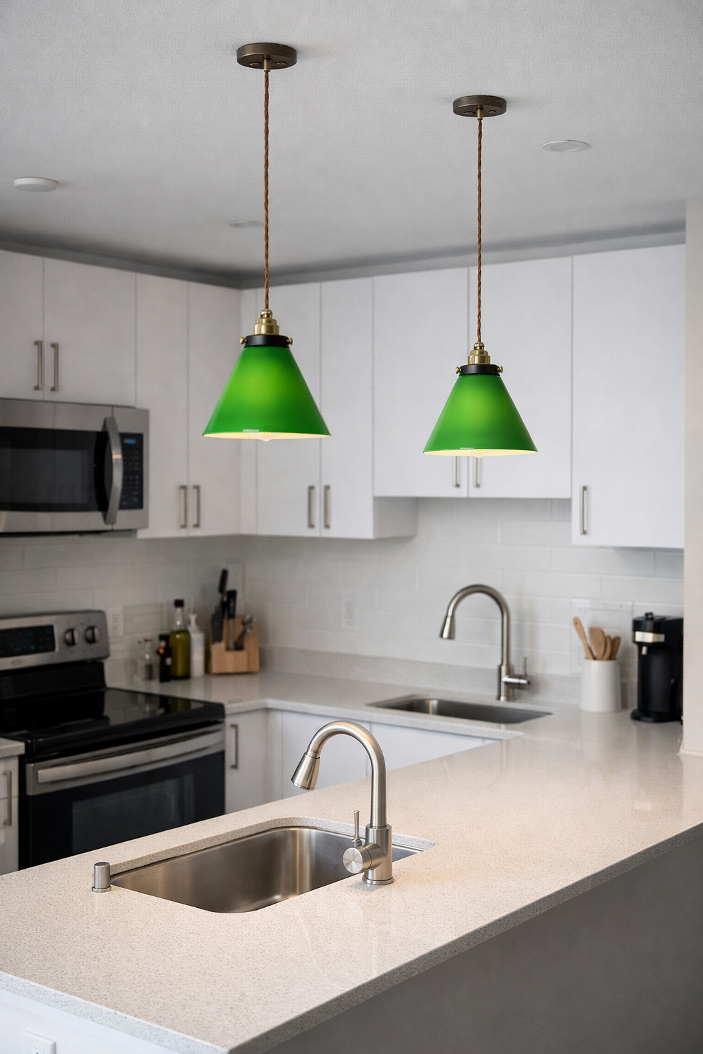 green pendant lights over the sink