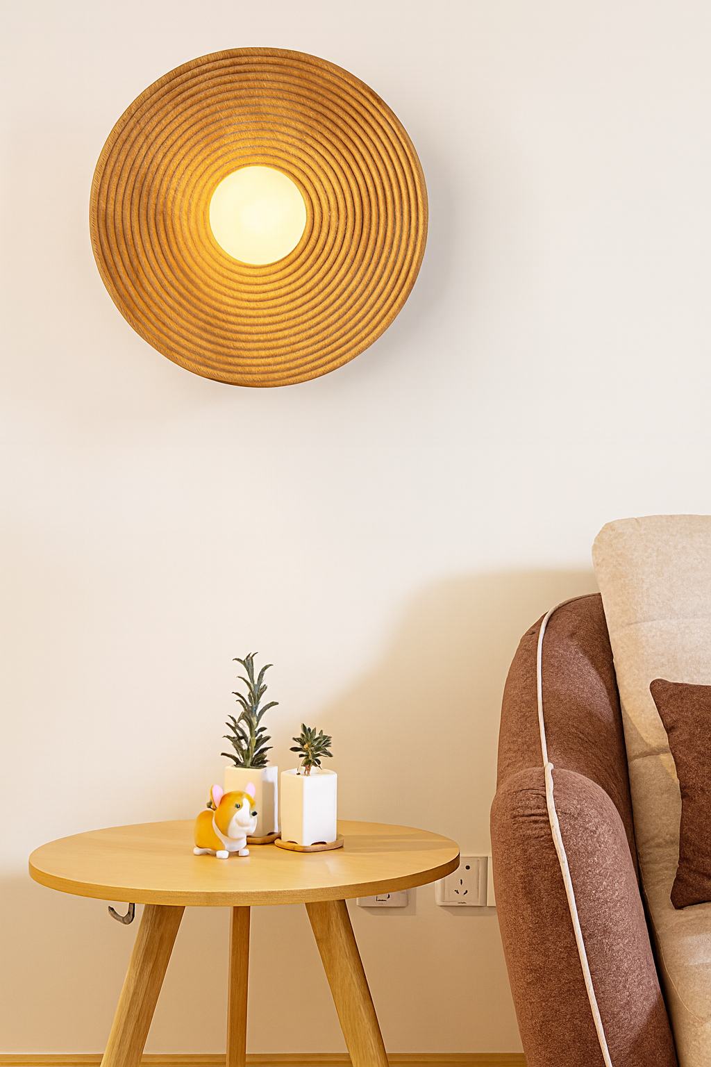 Modern hallway lighting with a series of round light oak wood wall-mounted lamps, natural material decor accent