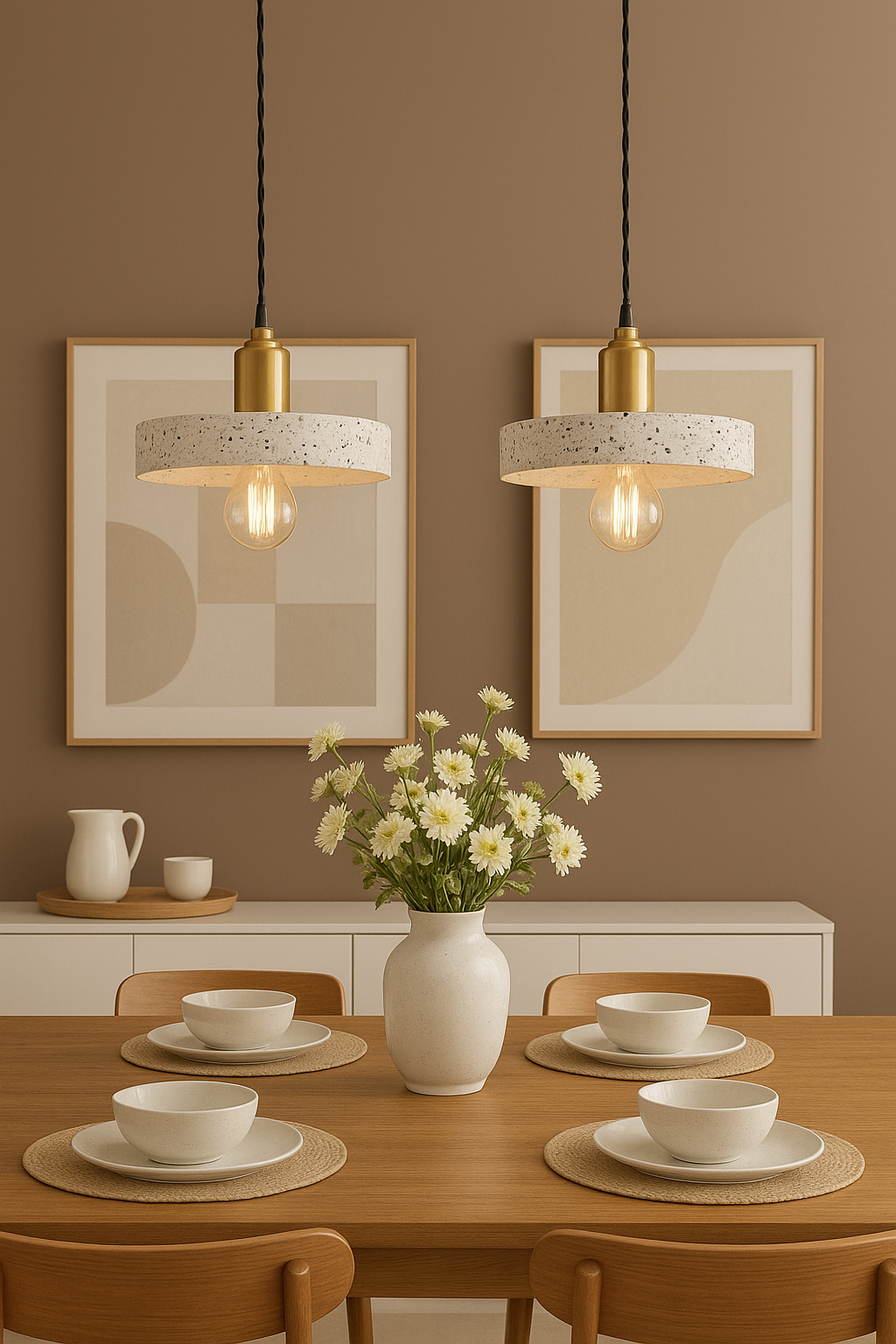 Handmade white concrete round linear pendant lamp