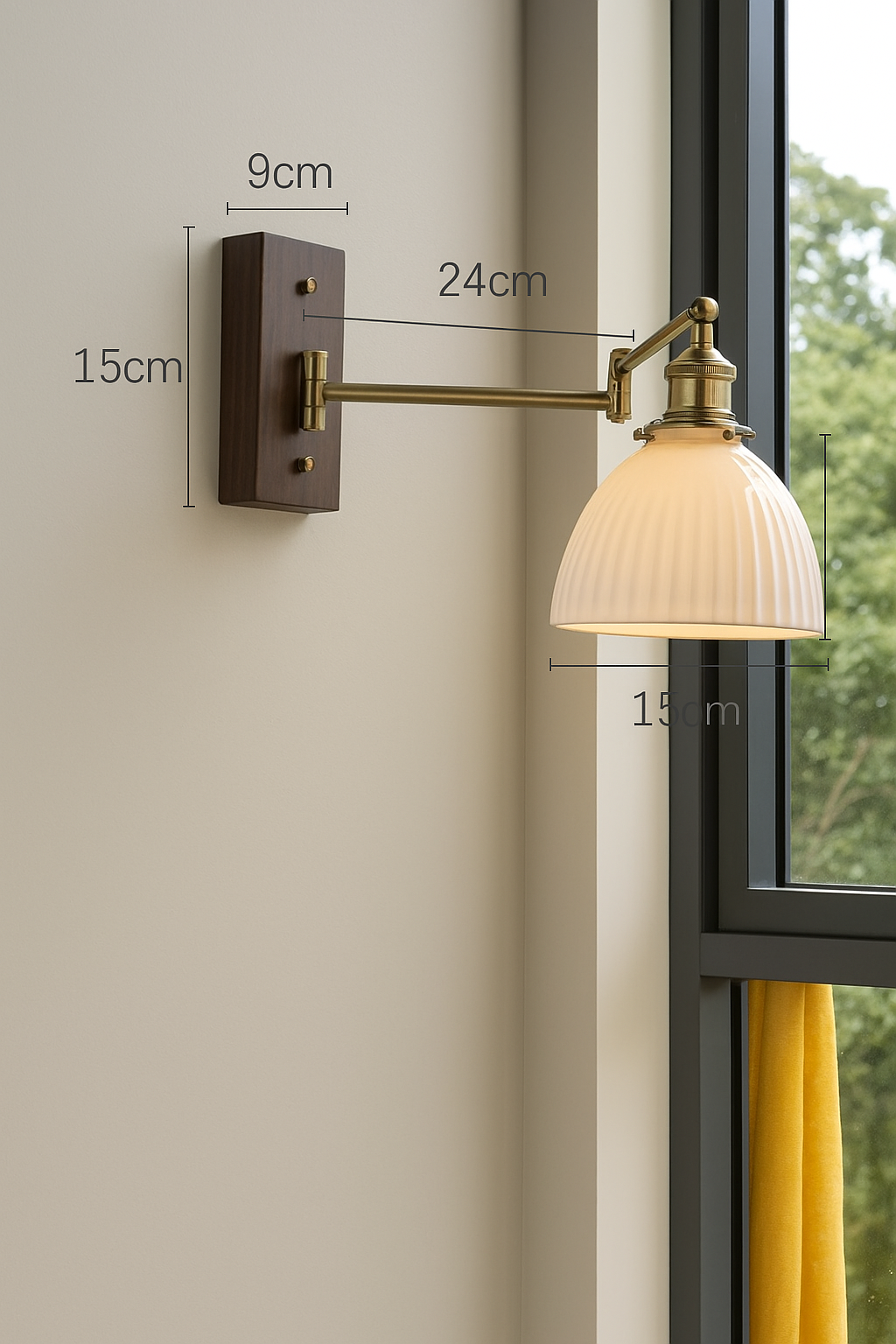 Modern organic ceramic wall lamp with articulated brass arm and wood 