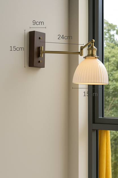 Modern organic ceramic wall lamp with articulated brass arm and wood 